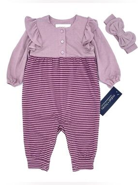 NWT Mabel and Honey Girls Ruffle Striped Romper & Bow Headband Set in Purple 18M